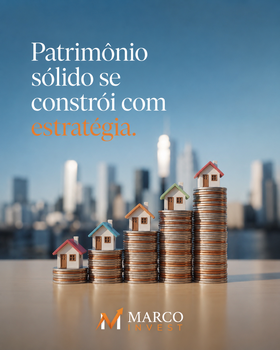 Miniaturas de casas sobre pilhas de moedas simbolizando crescimento patrimonial com estratégia