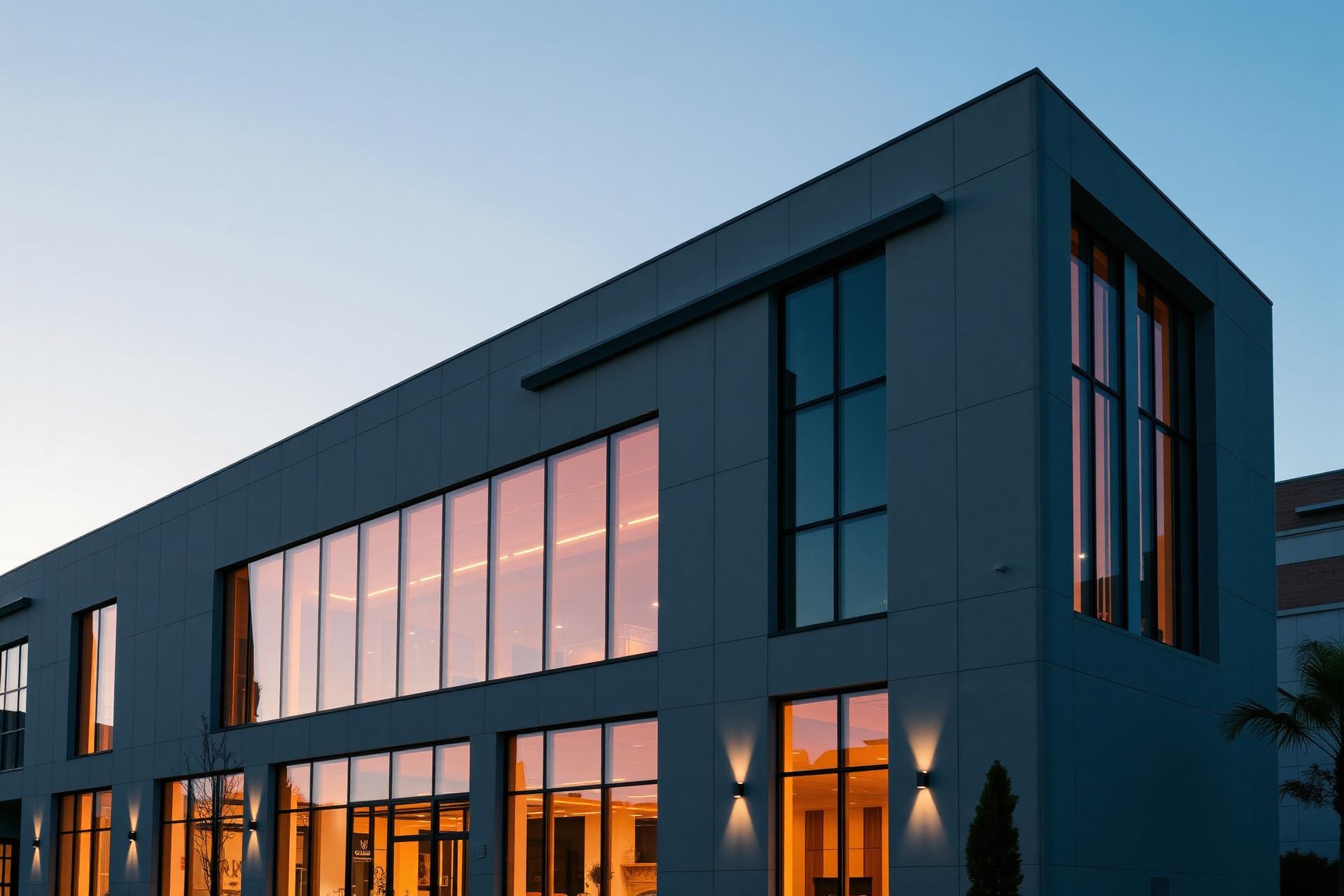 Fachada de edifício comercial premium ao entardecer